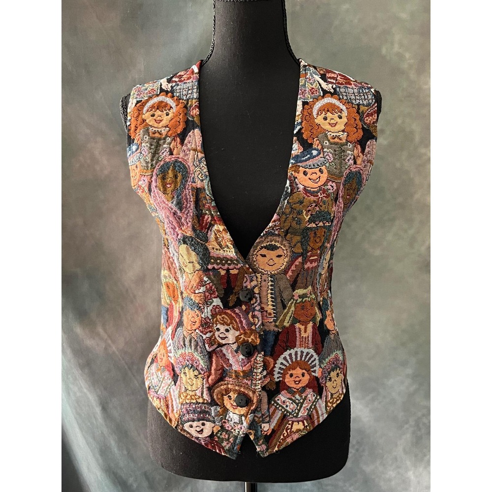 Facets 90S Vintage Tapestry‎ Vest Faces Pattern Button Down Tie Back Ladies S/M